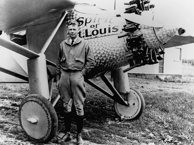 Charles Lindbergh in front of the Spirit of St. Louis, archive photograph