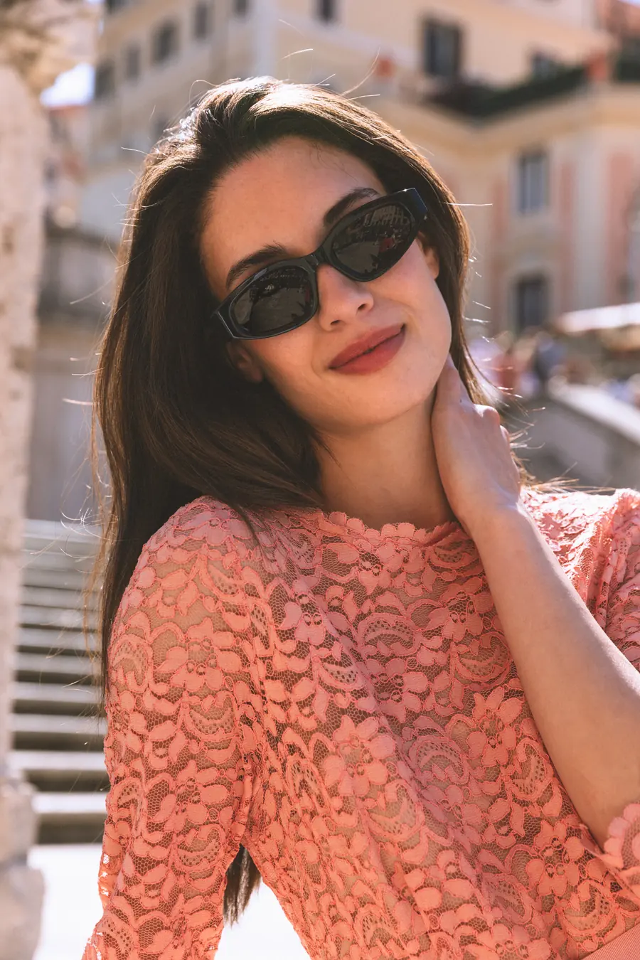 A close portrait against the light, lace dress