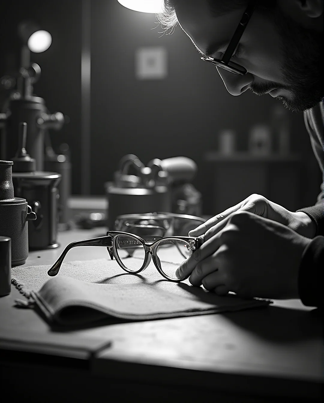 A craftsman at the bench finishing a frame under a single lamp